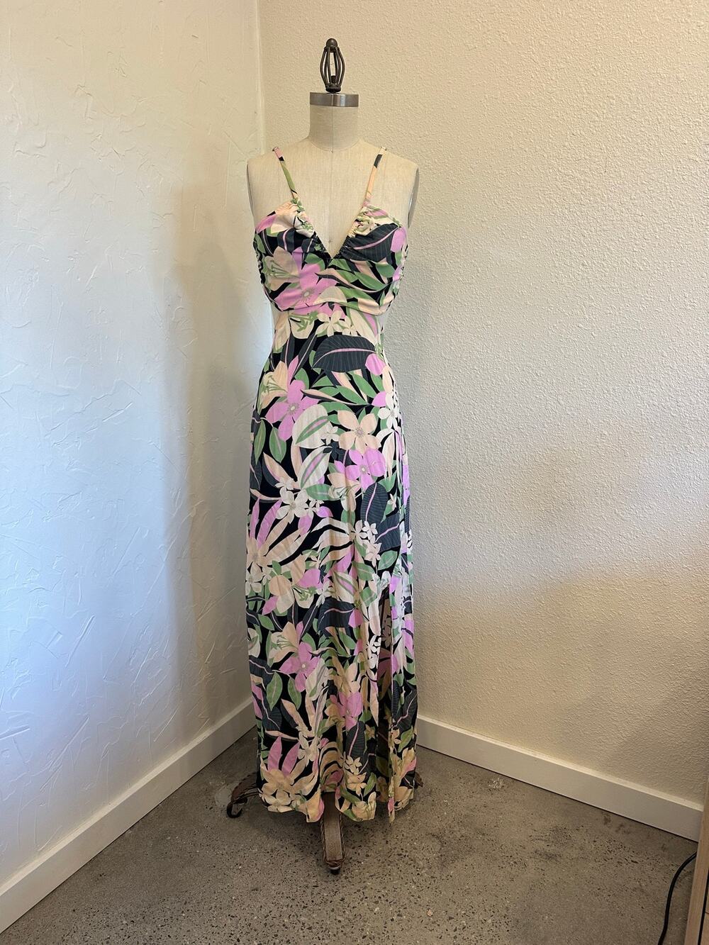 Roxy Women’s Small Dress Tropical Floral Maxi Black Pink Green Hawaiian Beach